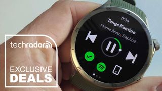 The OnePlus Watch 3 with a deals sticker 