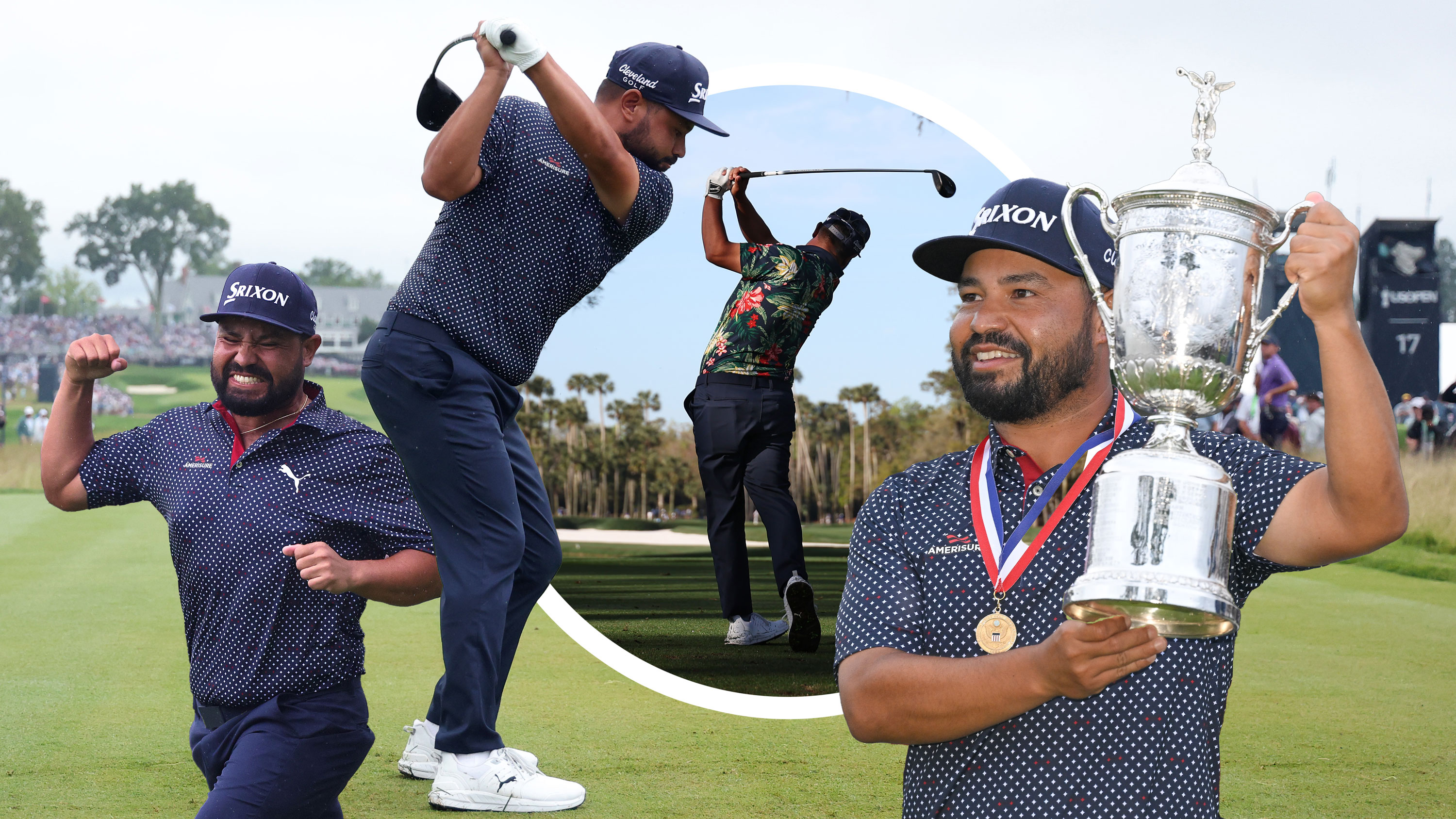 JJ Spaun at the top of his backswing with driver at the US Open, with an inset image of JJ Spaun in the finish position with driver at the Players Championship, as well as two further images of JJ Spaun holding the US Open trophy and celebrating his win at Oakmont Country Club