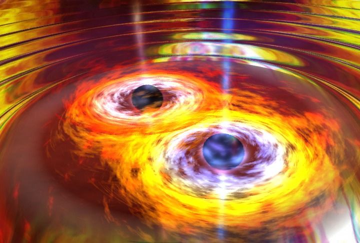 As two supermassive black holes spiral around one another and merge, they create gravitational waves. With enough energy, they can &quot;kick&quot; themselves out of their starting spot, or even completely out of their home galaxy.