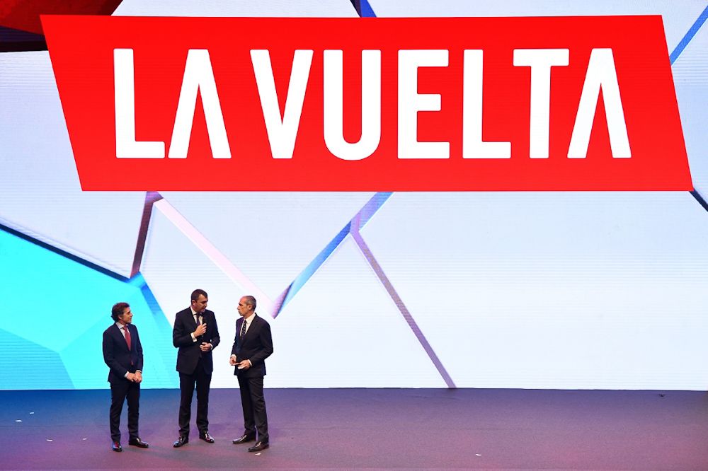 Perico Delgado, Vuelta director Javier Guillen and TV commentator Carlos de Andr&eacute;s on stage at the Vuelta presentation