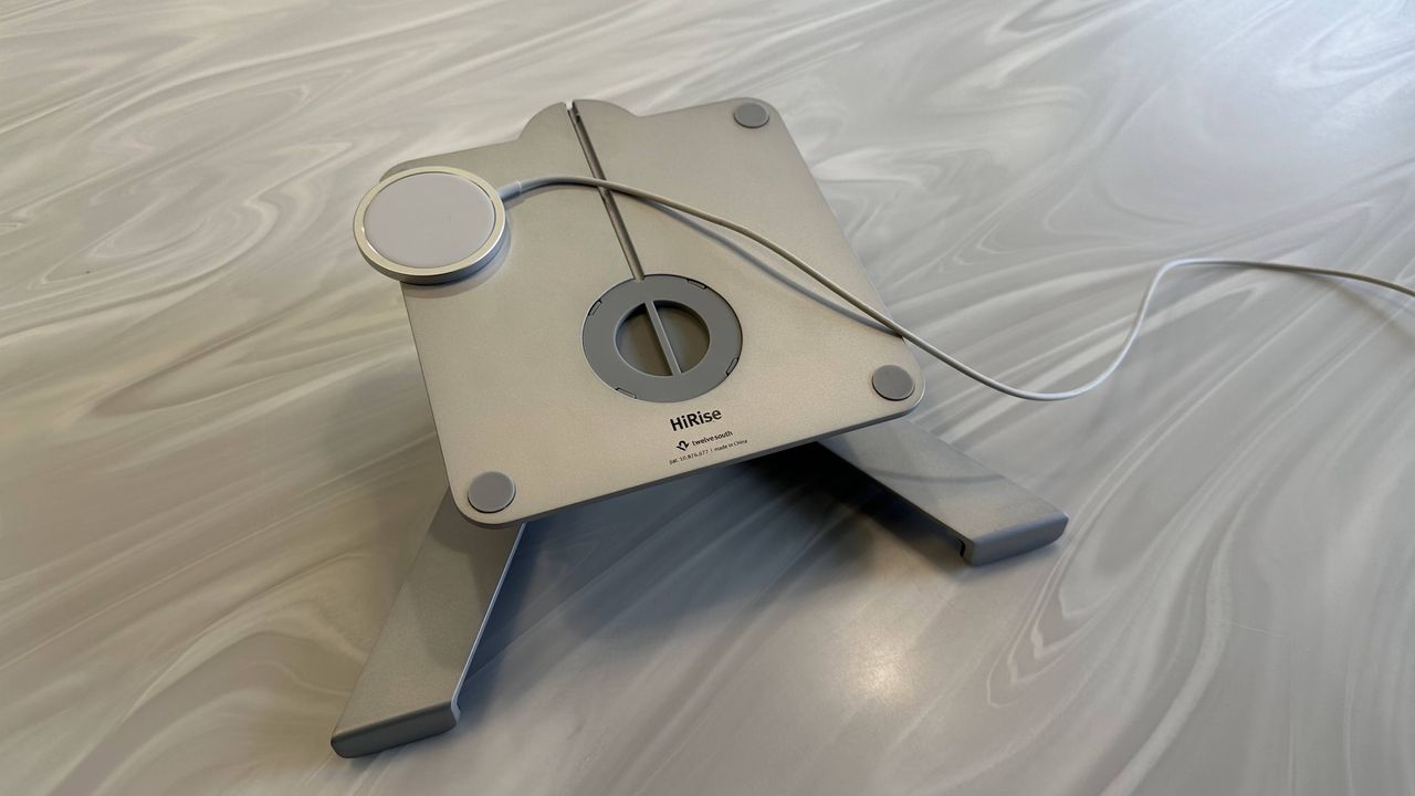 Twelve South HiRise Pro MacBook stand on a marble surface in an office