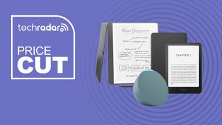 Amazon Kindle Paperwhite, Kindle Scribe and Echo Dot on a purple background