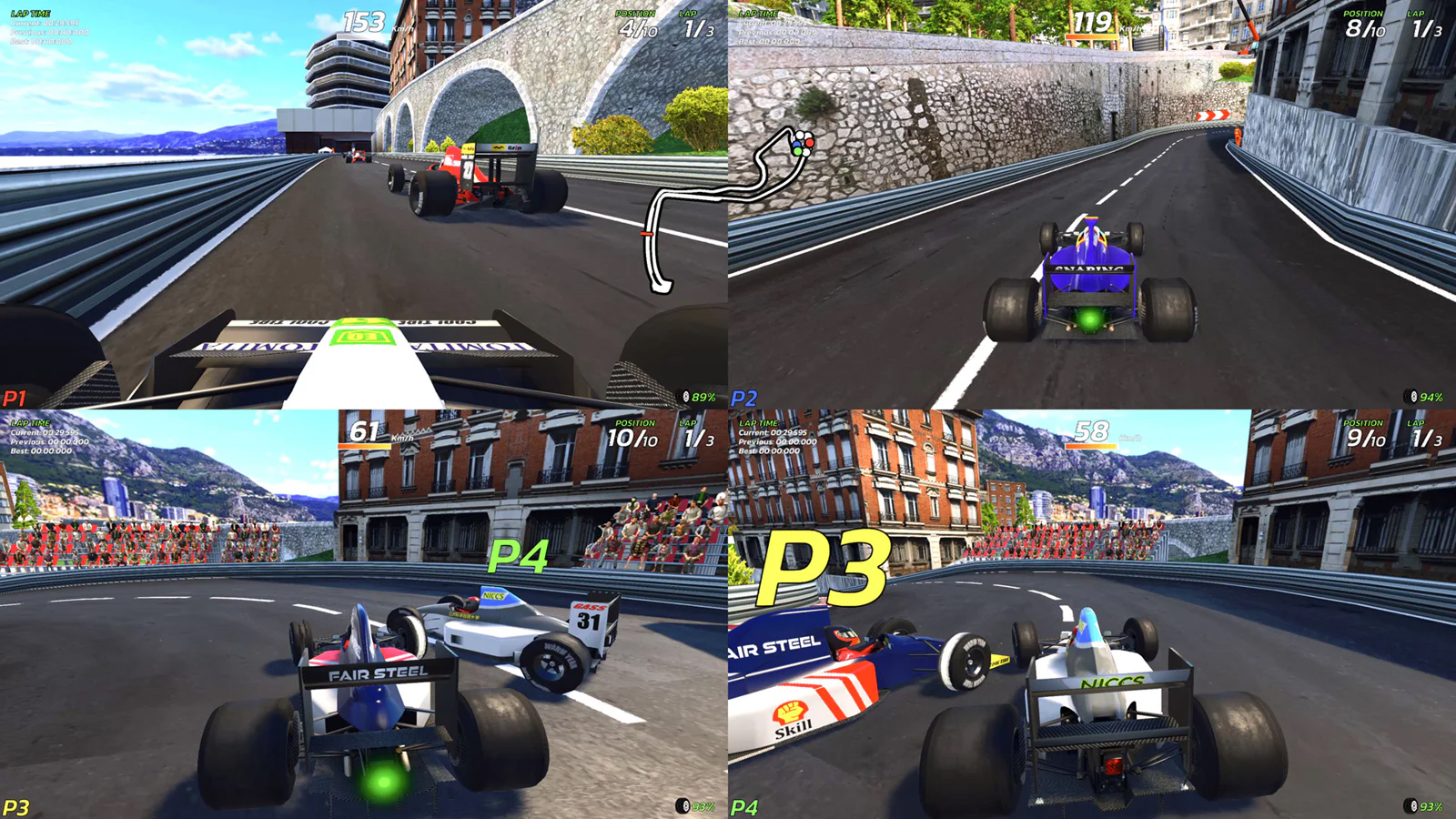 Retro racing game 4PGP, colourful low-poly game screens