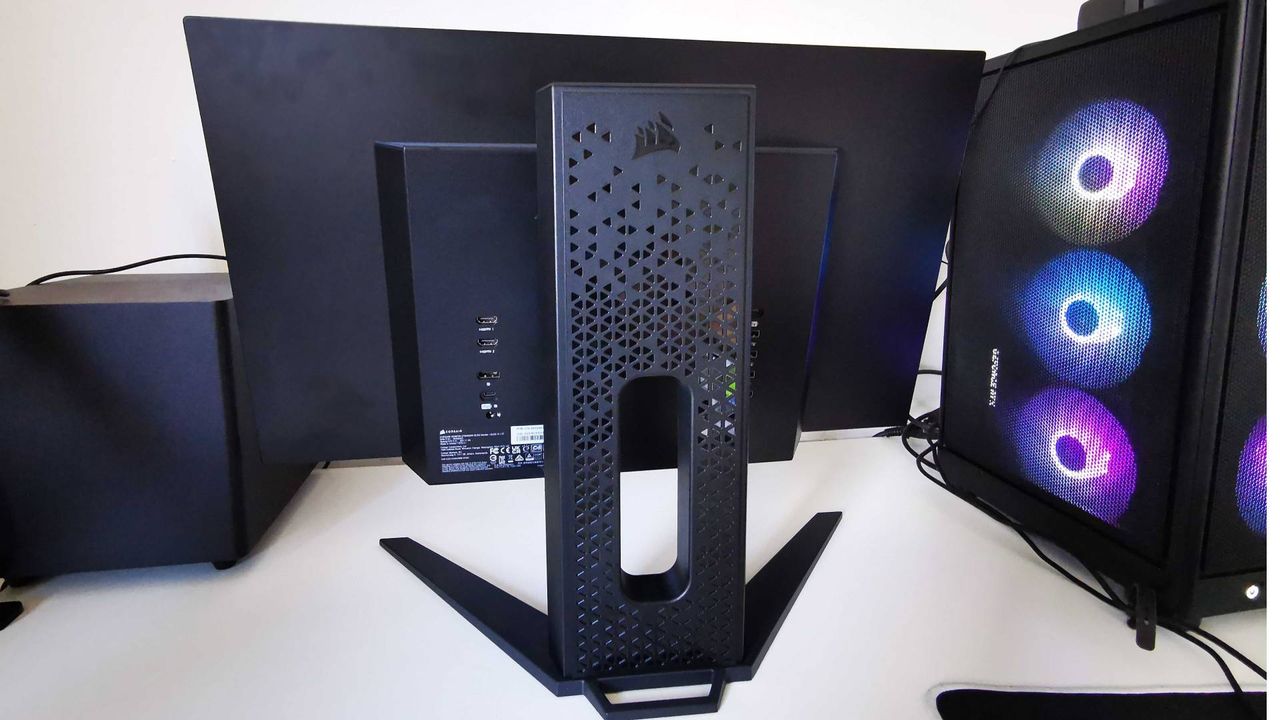 Back of Corsair Xeneon 27QHD240 with stand and ports in view