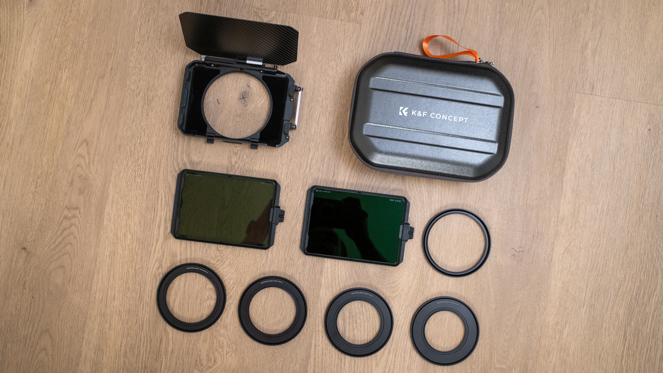 K&F Concept Matte Box Kit laid out on a wooden floor