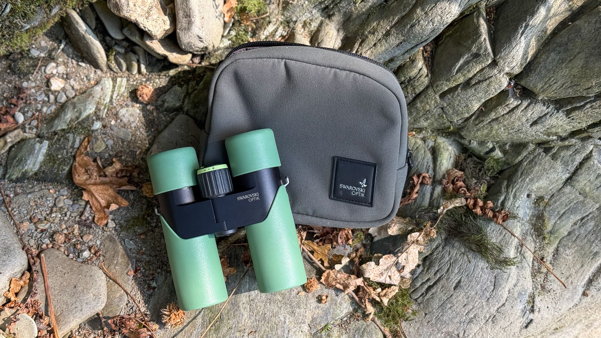 Swarovski CL Companion 8x30 and bag on a rock