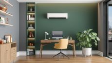 Green office room with desk, chair and other decorative furnishings with an HVAC appliance on the wall