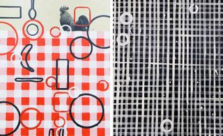 Left: red and white gingham pattern with black, white and red geometric shapes on top. Right: Black and white check pattern with white circles on top