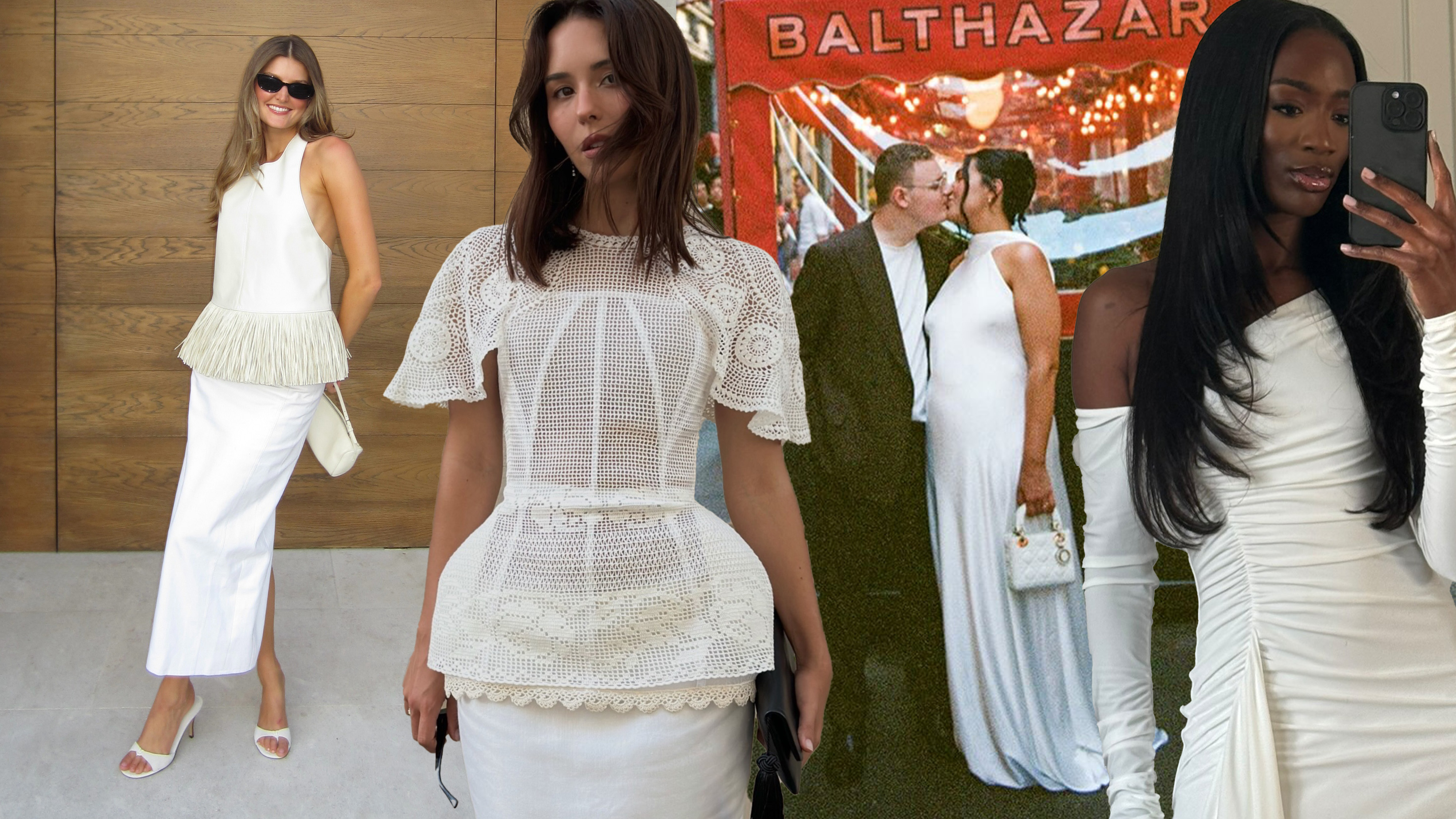 a collage of four women in white dresses.