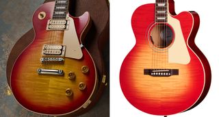 On the left, a Gibson Les Paul Standard Double Cut, solid-bodied, in Vintage Cherry Sunburst, it looks like the archetypical singlecut. On the right, the new Les Paul Parlor, a guitar that applies the LP aesthetic to a small-bodied acoustic.