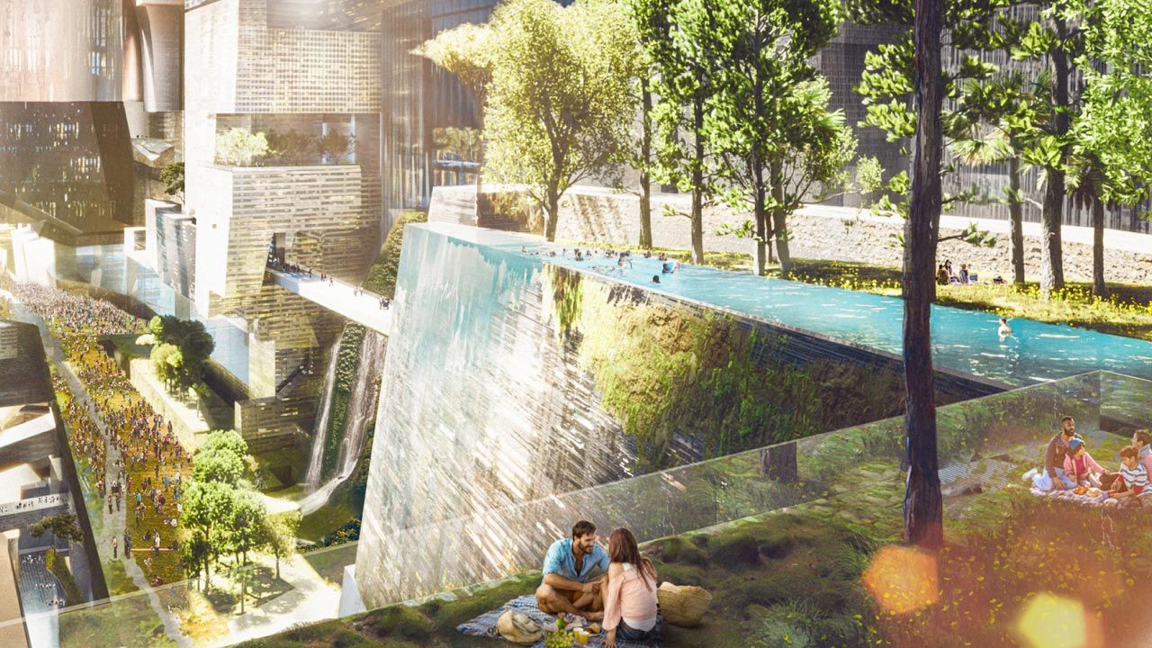 view from side of futuristic terrace with waterfall and greenery