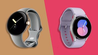 Google Pixel Watch and Galaxy Watch 5 press images on a split-color background