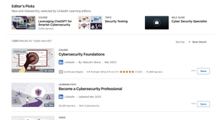 A screenshot of Linked's Learning platform showing a range of cyber security courses