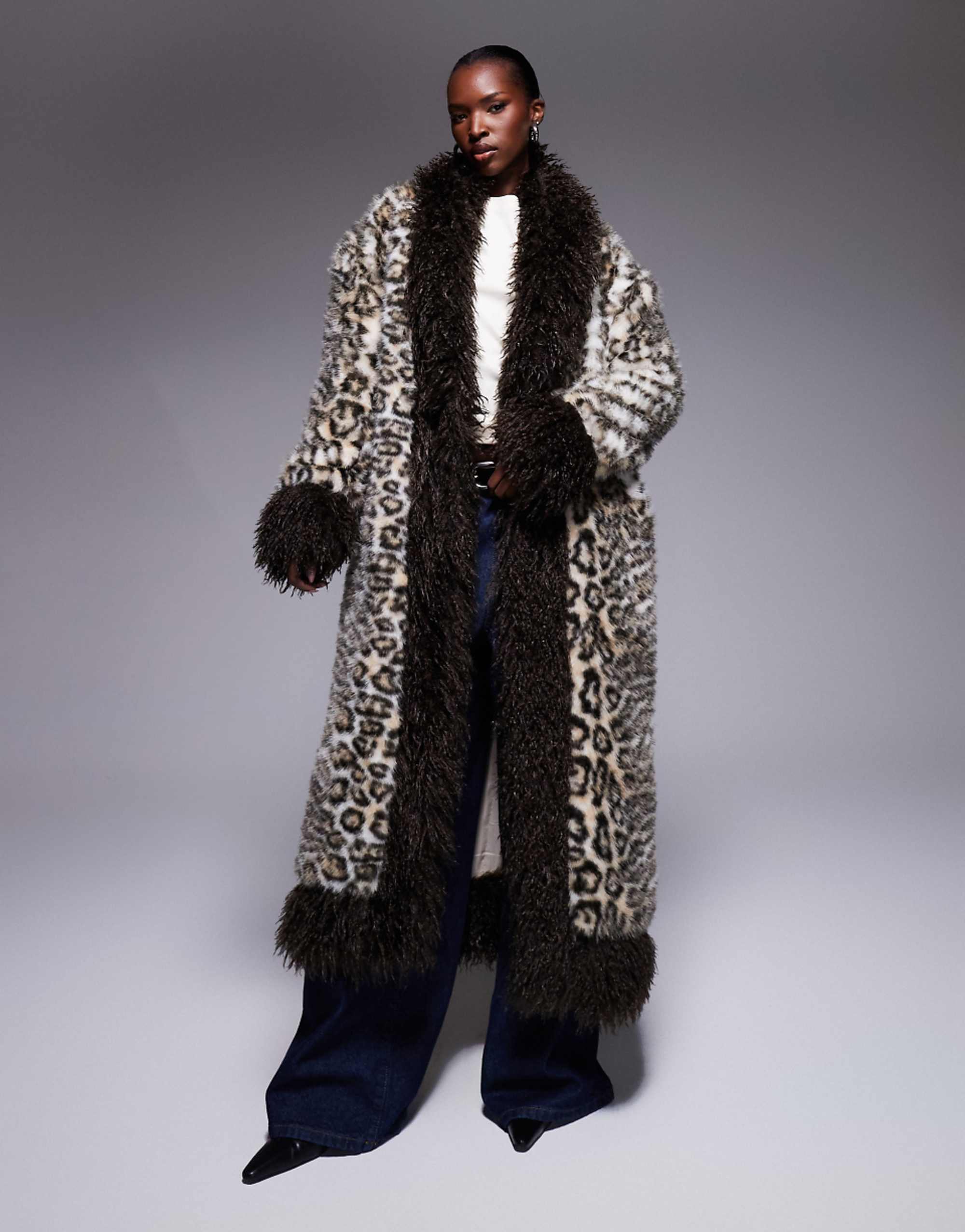 The Frolic Exclusive Faux Fur Mongolian Trim Maxi Coat in Brown Leopard Print