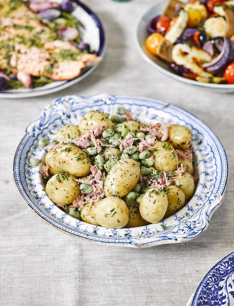 Jersey royals with broad beans and ham