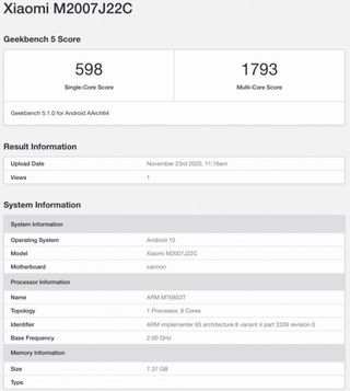 Redmi Note 9 5G Geekbench listing