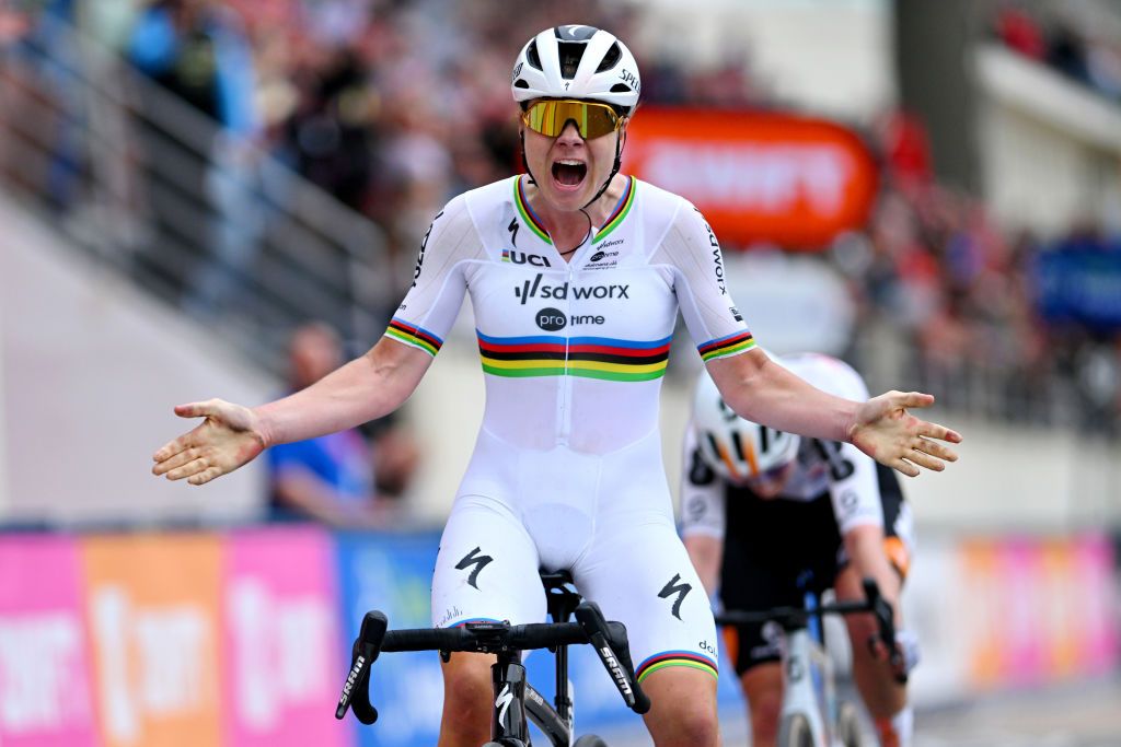 ROUBAIX FRANCE APRIL 06 Lotte Kopecky of Belgium and Team SD Worx Protime celebrates at finish line as race winner during the 4th ParisRoubaix Femmes 2024 a 1485km one day race from Denain to Roubaix on UCIWWT April 06 2024 in Roubaix France Photo by Luc ClaessenGetty Images