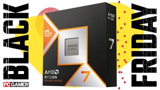 An image showing the retail packaging for the AMD Ryzen 7 9800X3D processor, against a colorful background, with a set of Black Friday and PC Gamer logos on the sides