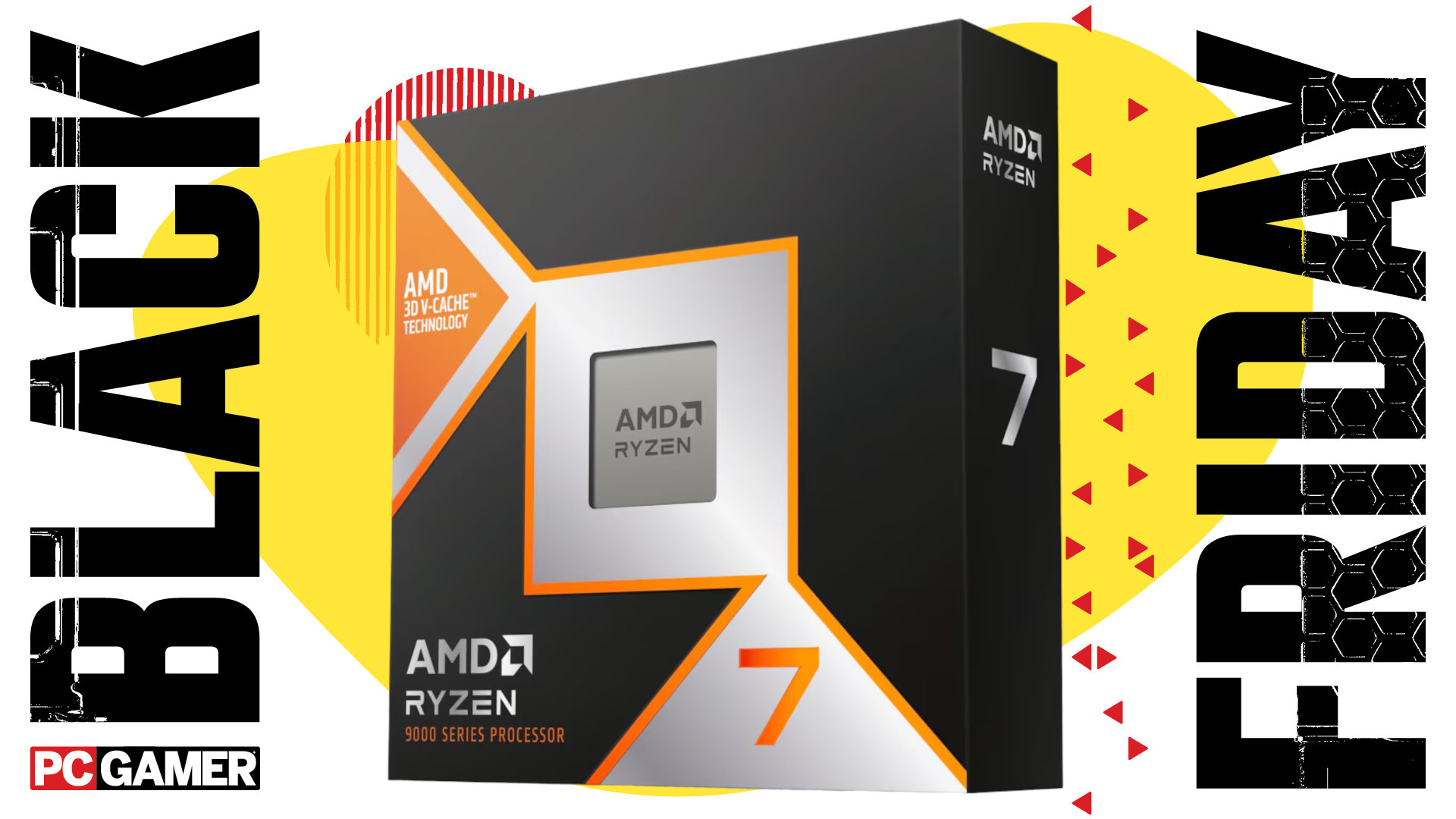 An image showing the retail packaging for the AMD Ryzen 7 9800X3D processor, against a colorful background, with a set of Black Friday and PC Gamer logos on the sides