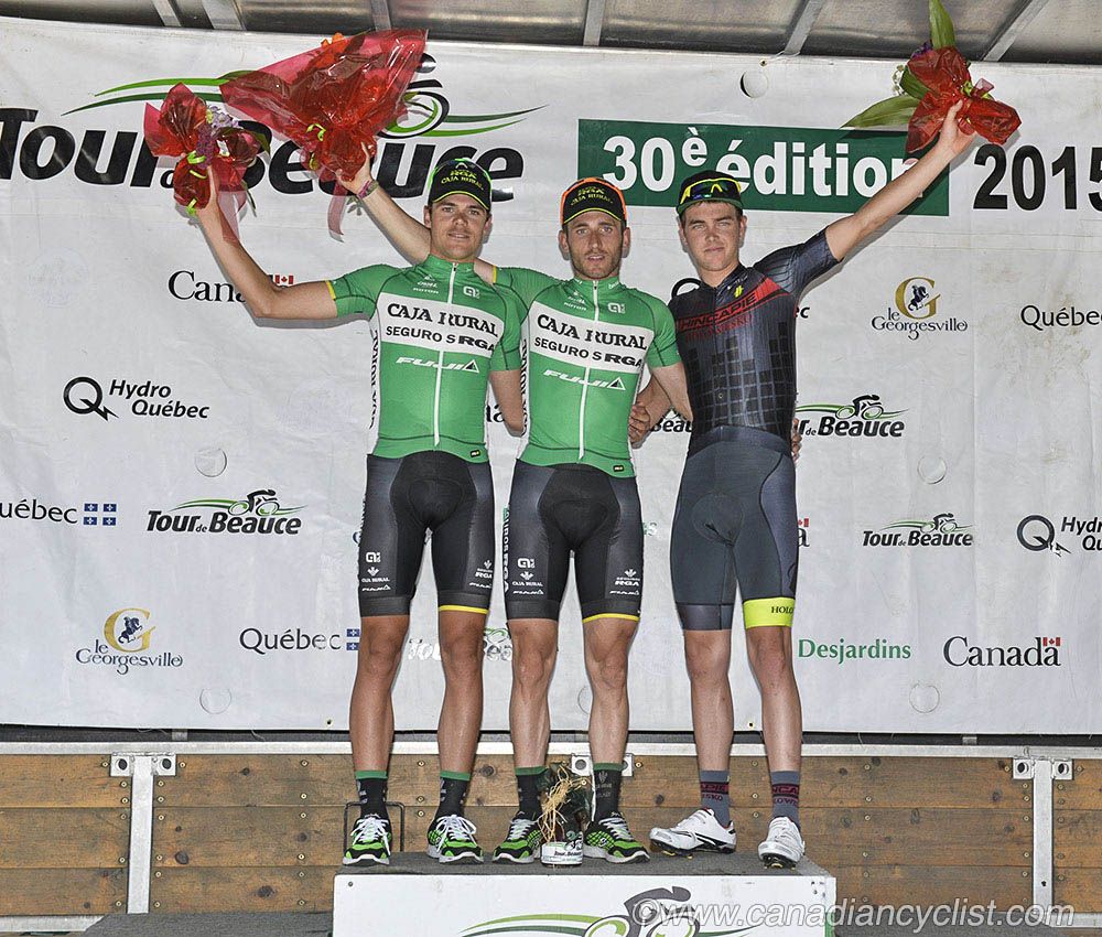 The stage one podium: Eduard Prades Reverte, Carlos Barbero Cuesta, Dion Smith (Hincapie)