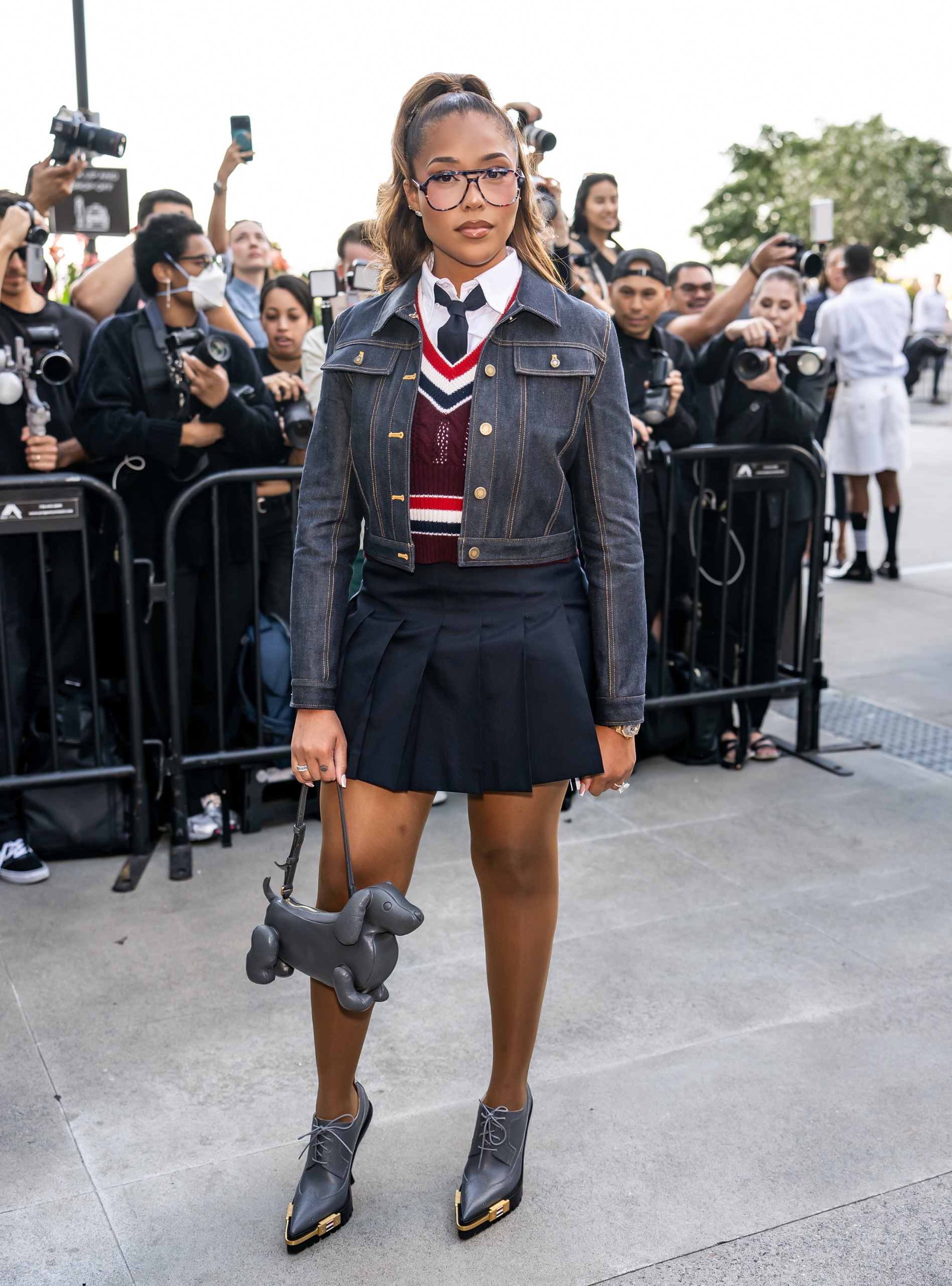Jordyn Woods's celebrity look at Thom Browne's New York Fashion Week show