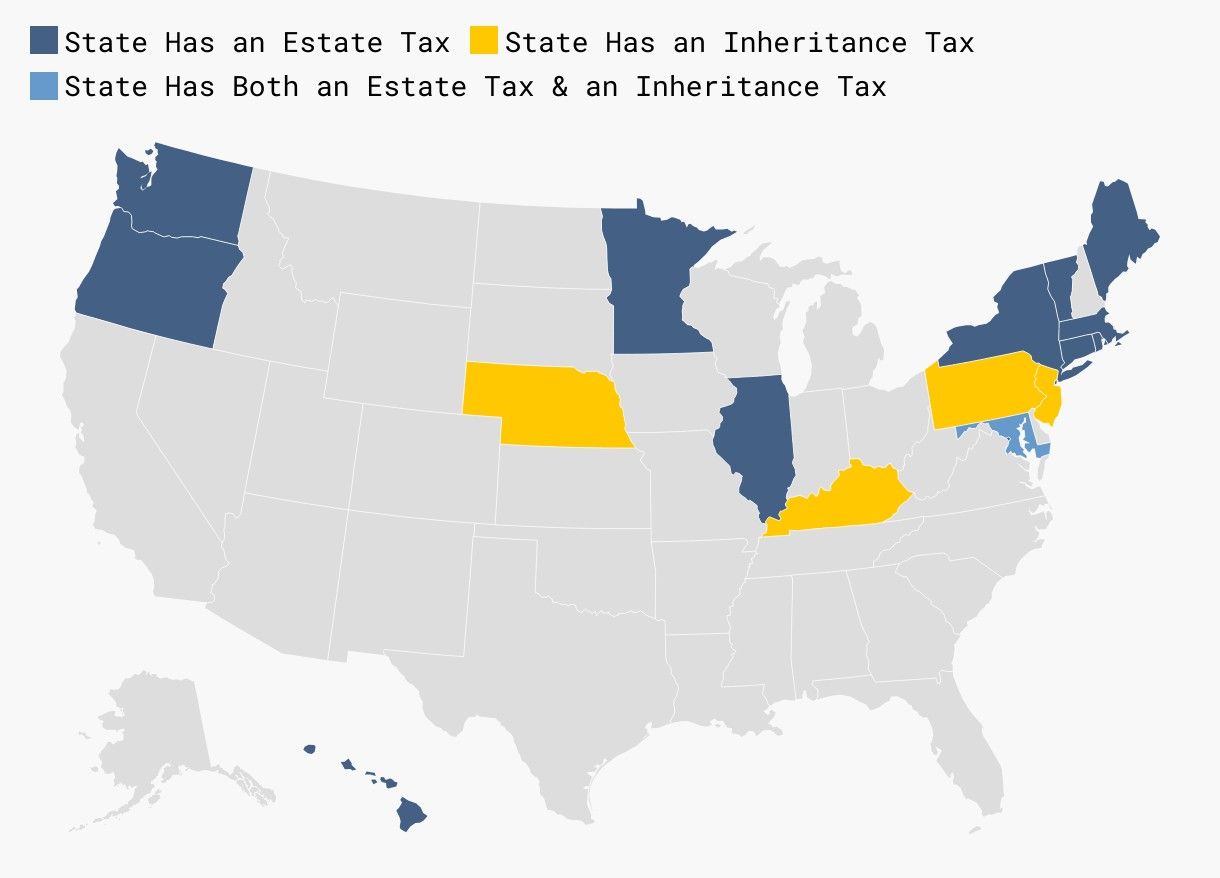 Map of the United States showing which states in 2025 have an estate tax, inheritance tax, or both.