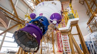 The core stage of the Ariane 5 rocket that will launch the James Webb Space Telescope next month is being readied at Europe's spaceport in French Guiana.