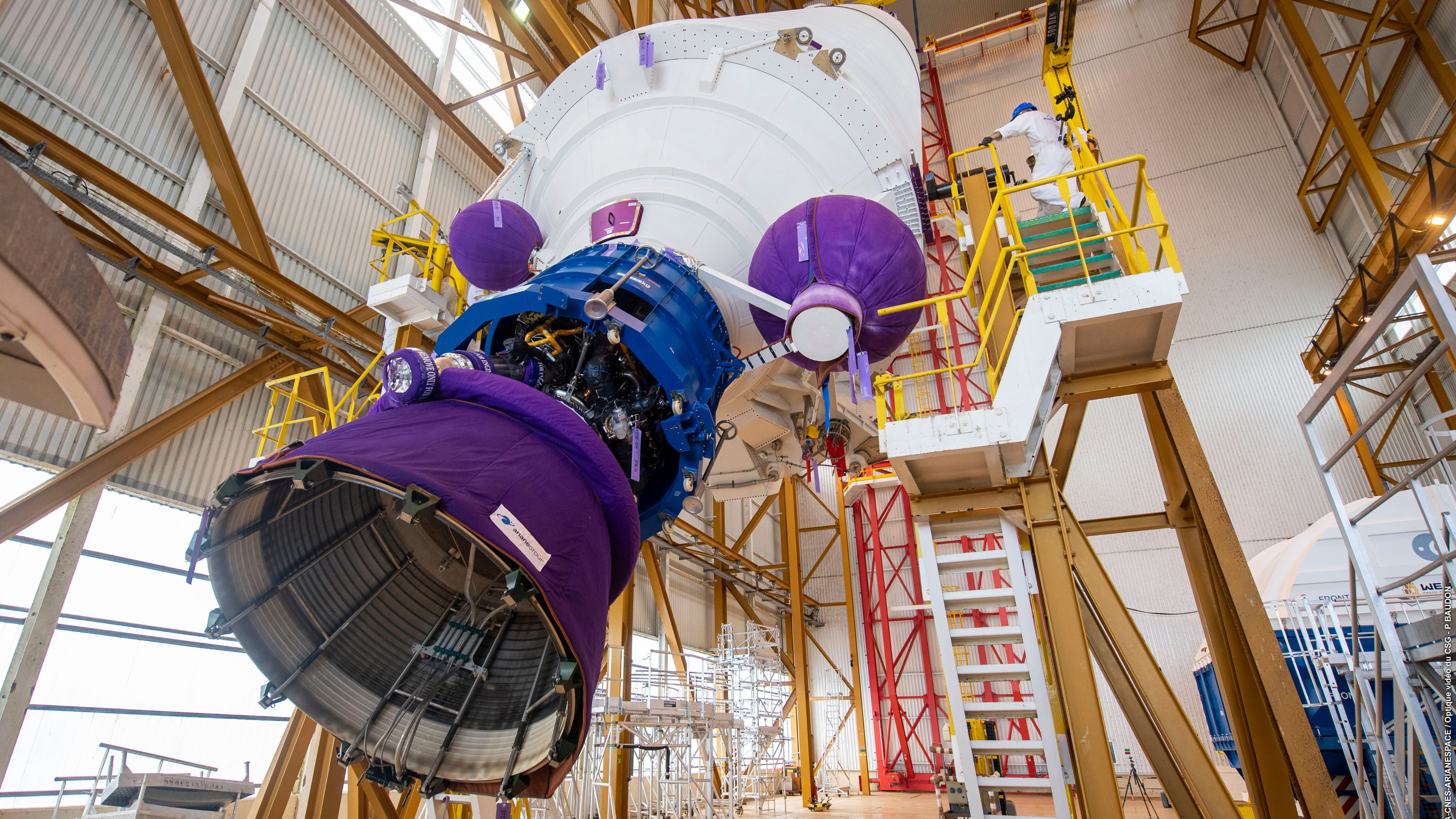 The core stage of the Ariane 5 rocket that will launch the James Webb Space Telescope next month is being readied at Europe's spaceport in French Guiana.