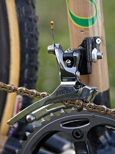 The SRAM Force front derailleur is bolted to a removable tab.
