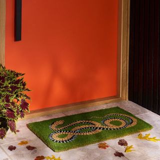 Serpent Doormat outside a red front door.