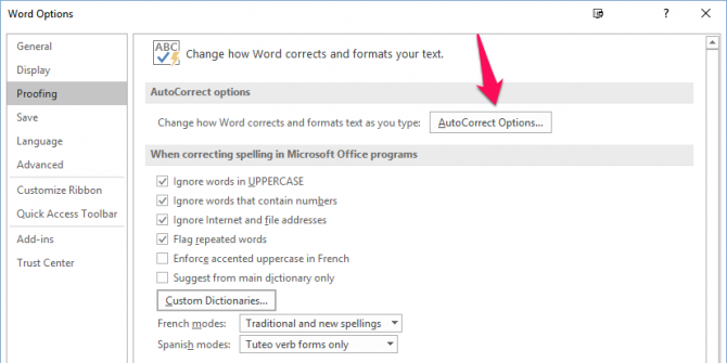 word autocorrections options