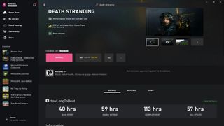 Skärmdump som visar PC Game Pass HowLongToBeat-integrering med olika tider för Death Stranding.