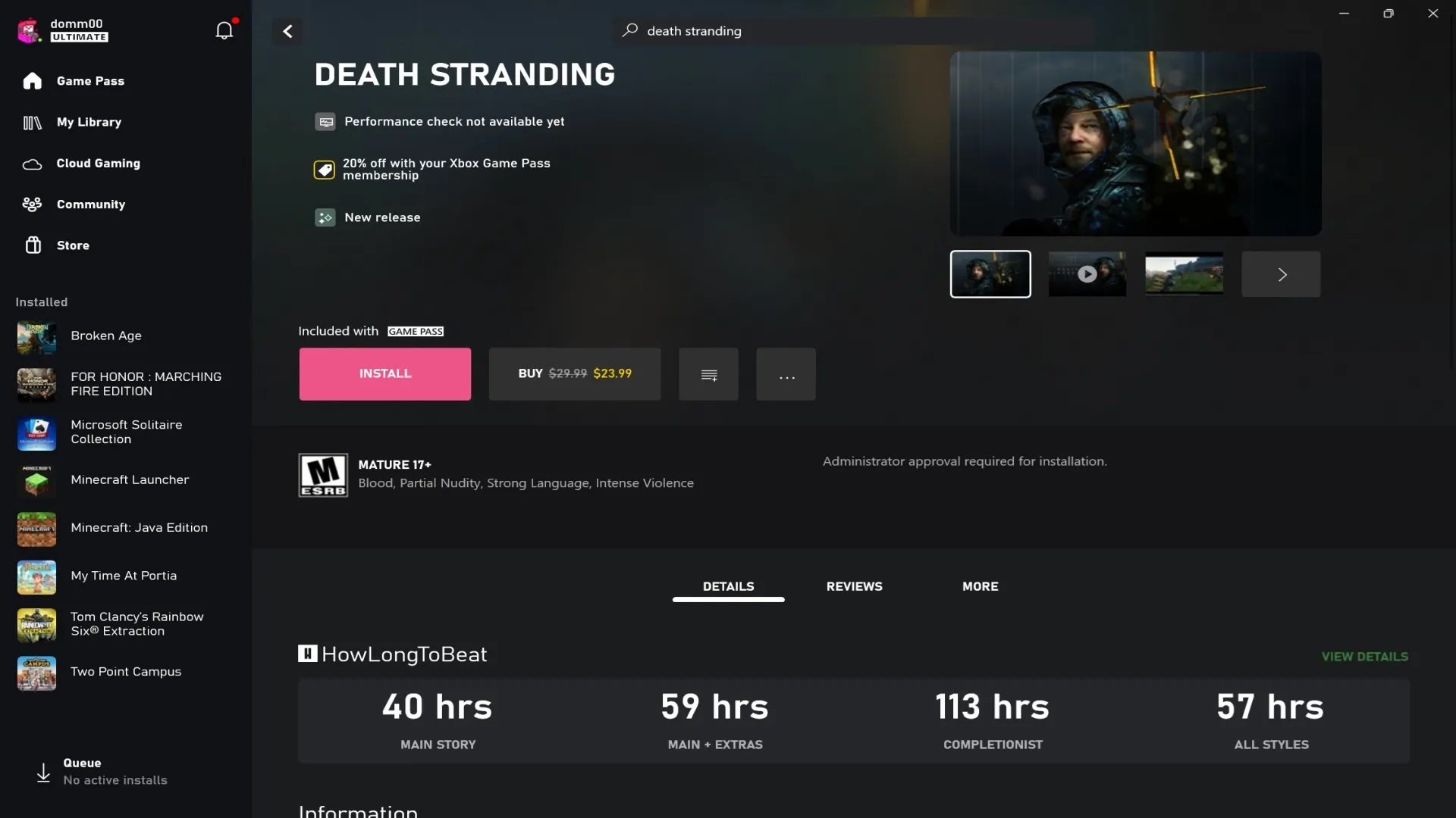 Screenshot showing PC Game Pass HowLongToBeat integration with various completion times for death stranding