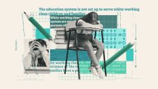 Photo composite illustration of struggling school pupils, tests, report card scores and text from the Independent Inquiry into White Working Class Educational Outcomes