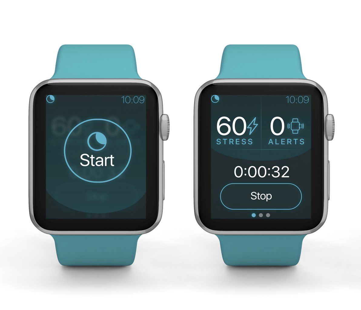 NightWare app running on two teal Apple Watches