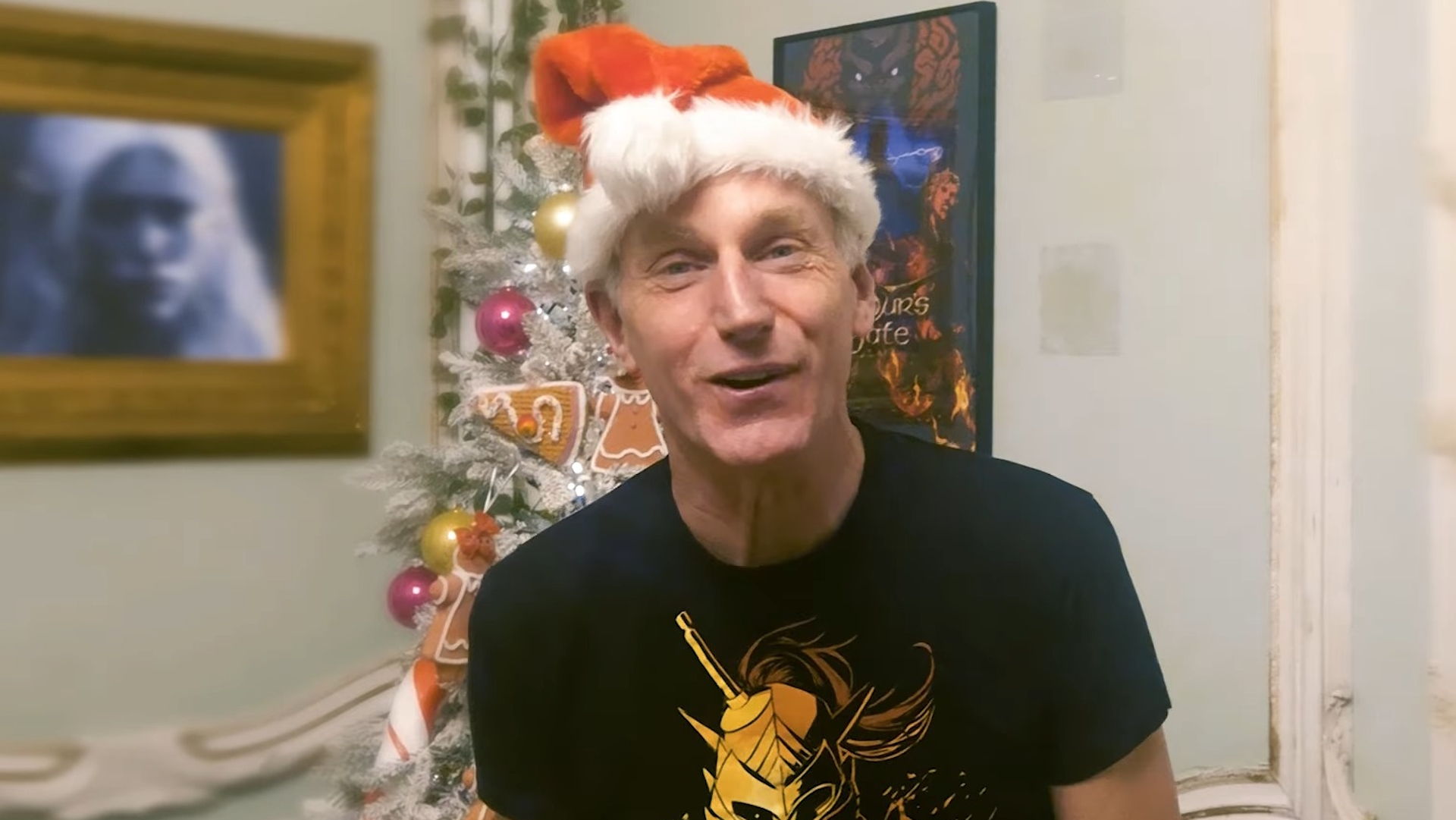 Larian CEO Swen Vincke in a santa hat 