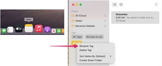 To rename a tag in the Notes app, use Control-click a tag in the Tag Browser on the sidebar. Select Rename Tag.
