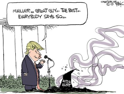 Political Cartoon U.S. Trump Mueller end of the witch hunt