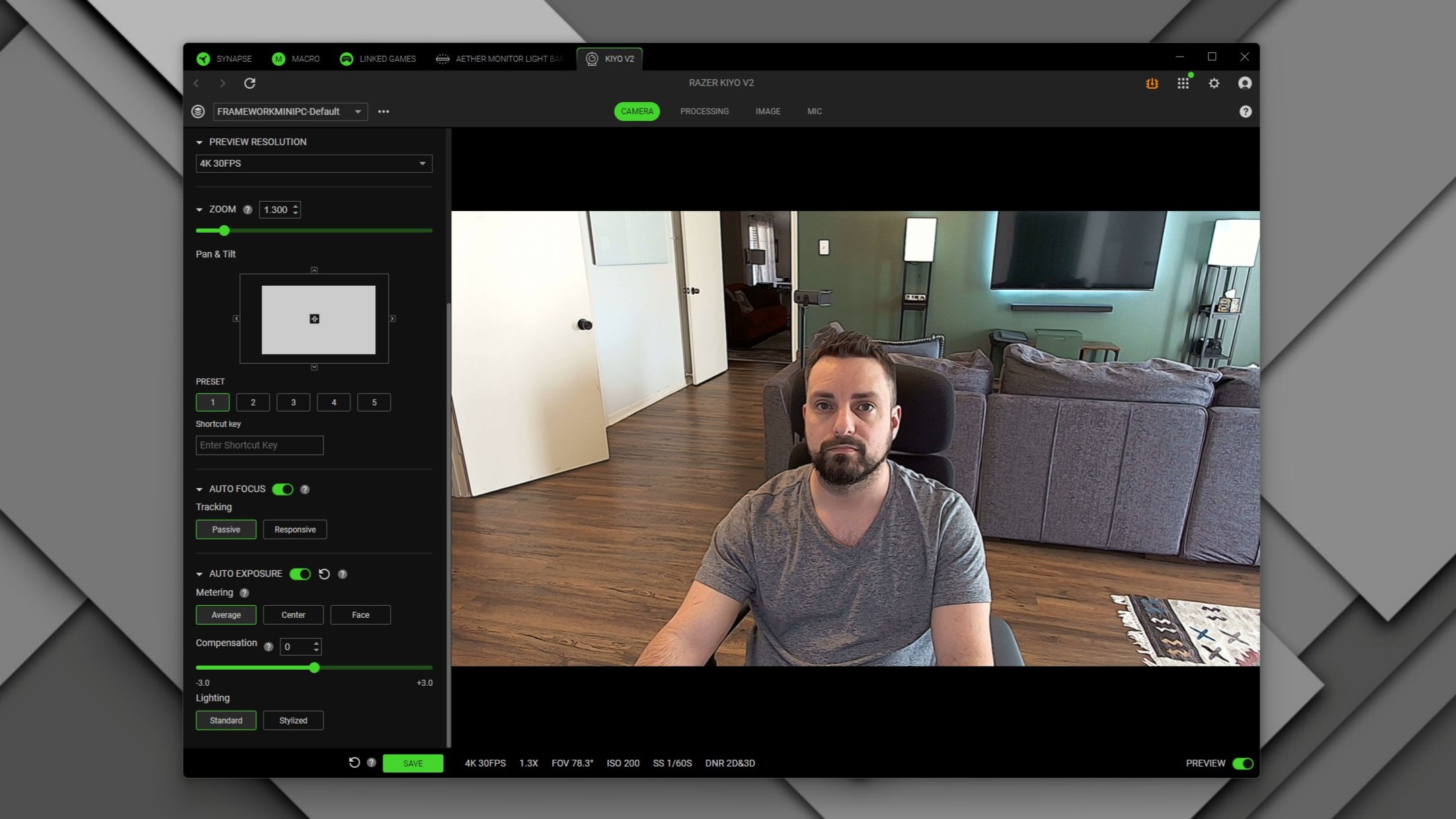 A screenshot showing the Razer Kiyo V2 webcam in Razer's Synapse software
