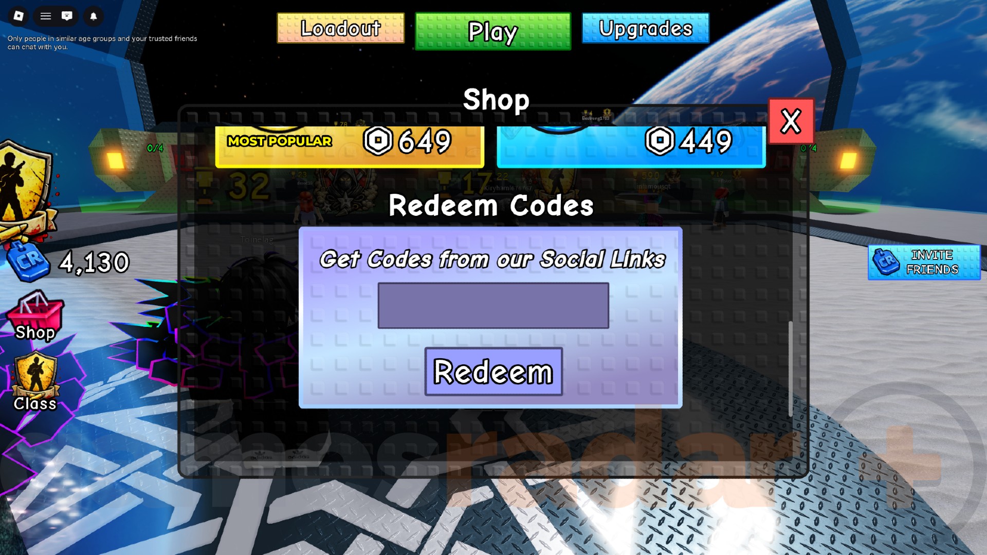 The Survive Zombie Arena codes redemption box in-game.