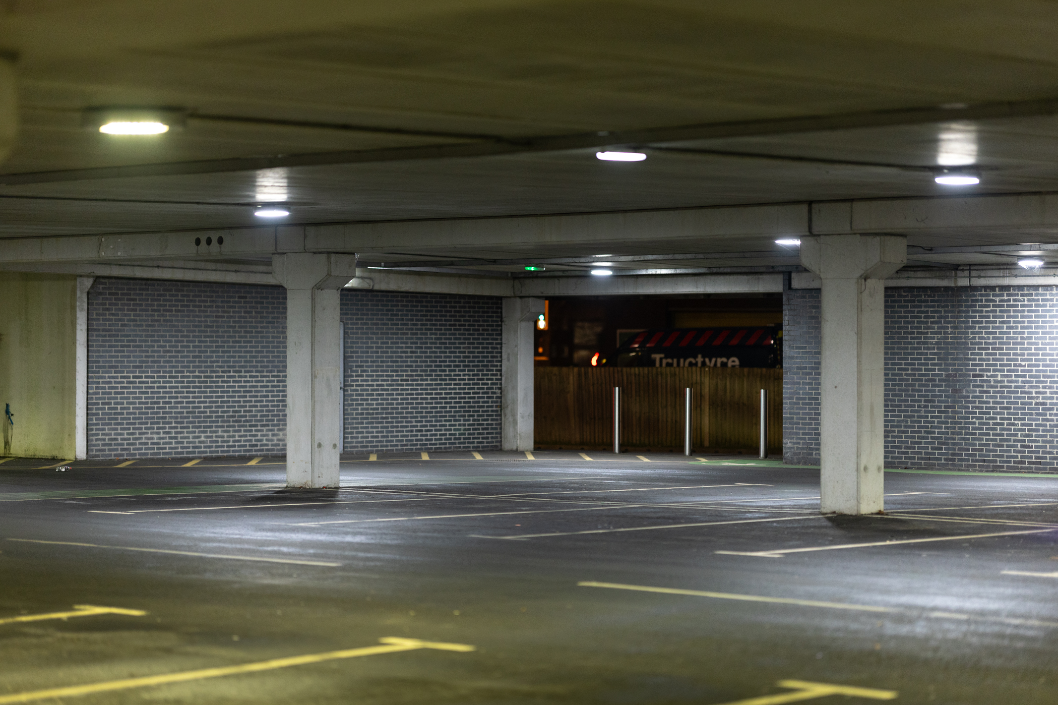 A carpark at night  shot with a Canon RF 85mm f/1.2L USM lens