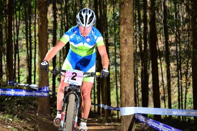 Slovenian Tanja Zakelj fell hard on the Corksrew section on her way to a fifth place finish in the women's cross country World Championship
