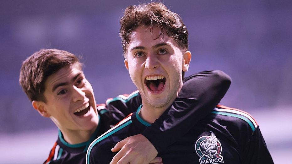 Brian Guti&eacute;rrez of Mexico celebrates after scoring the team's first goal during the international friendly match between Mexico and Ghana at Estadio Cuauht&eacute;moc on May 22, 2026 in Puebla, Mexico. 