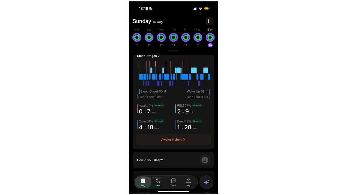 A screenshot of the Sleepal AI Lamp sleep tracking showing the data for Sunday 16th August. This includes 1 hours 9 minutes of REM sleep, 4 hours 18 minutes of light sleep and 1 hour 28 minutes of deep sleep