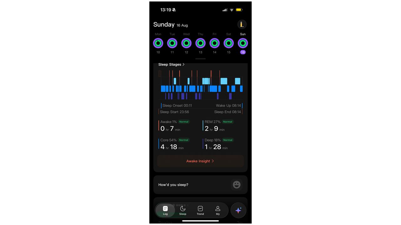 A screenshot of the Sleepal AI Lamp sleep tracking showing the data for Sunday 16th August. This includes 1 hours 9 minutes of REM sleep, 4 hours 18 minutes of light sleep and 1 hour 28 minutes of deep sleep