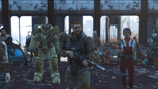 An image from Fallout 4 mod Sim Settlements 2. A large cast of new Fallout 4 characters are presented in a lineup.