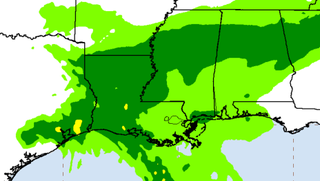 A National Hurricane Center image shows where heavy rain is expected as Tropical Storm Beta dumps water on the Gulf states.