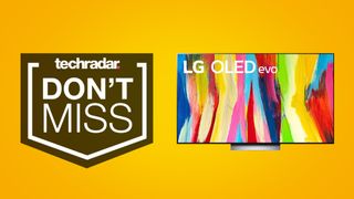 LG C2 OLED TV on yellow background, beside text that reads 'don't miss'