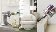 Three panel image of walmary products, kitchenaid stand mixer, cream swivel chair, dyson vaccum