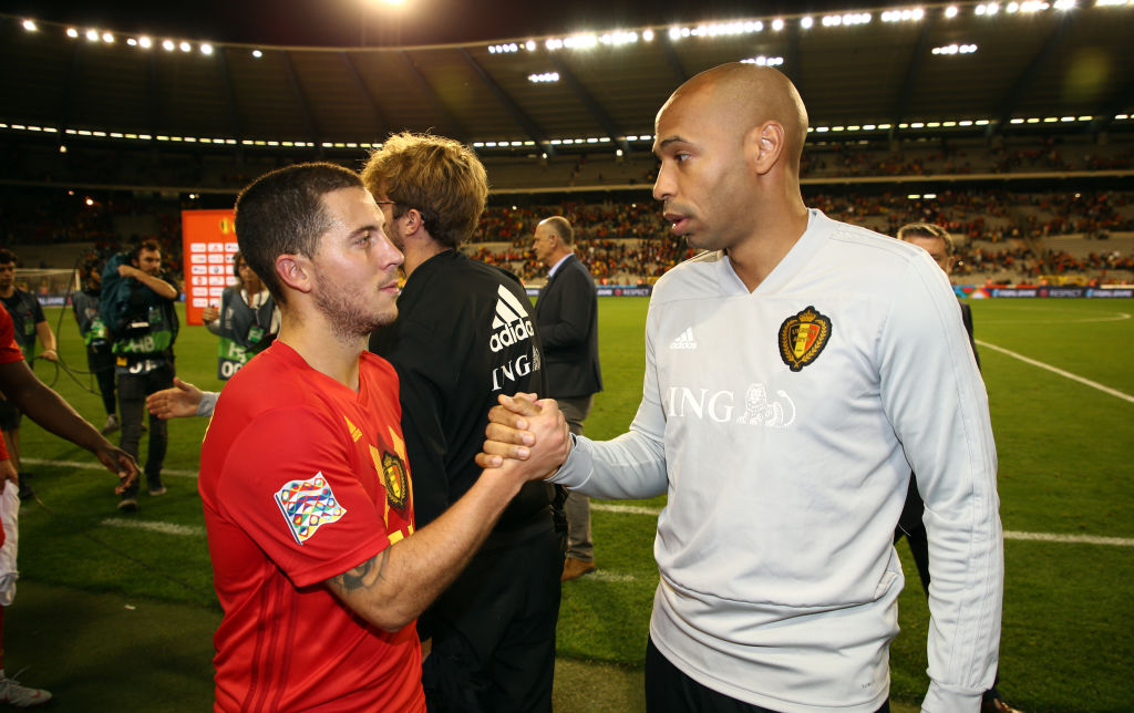Eden Hazard and Thierry Henry celebrate after winning the UEFA Nations League A group two match between Belgium and Switzerland at King Baudouin Stadium on October 12, 2018 in Brussels, Belgium.